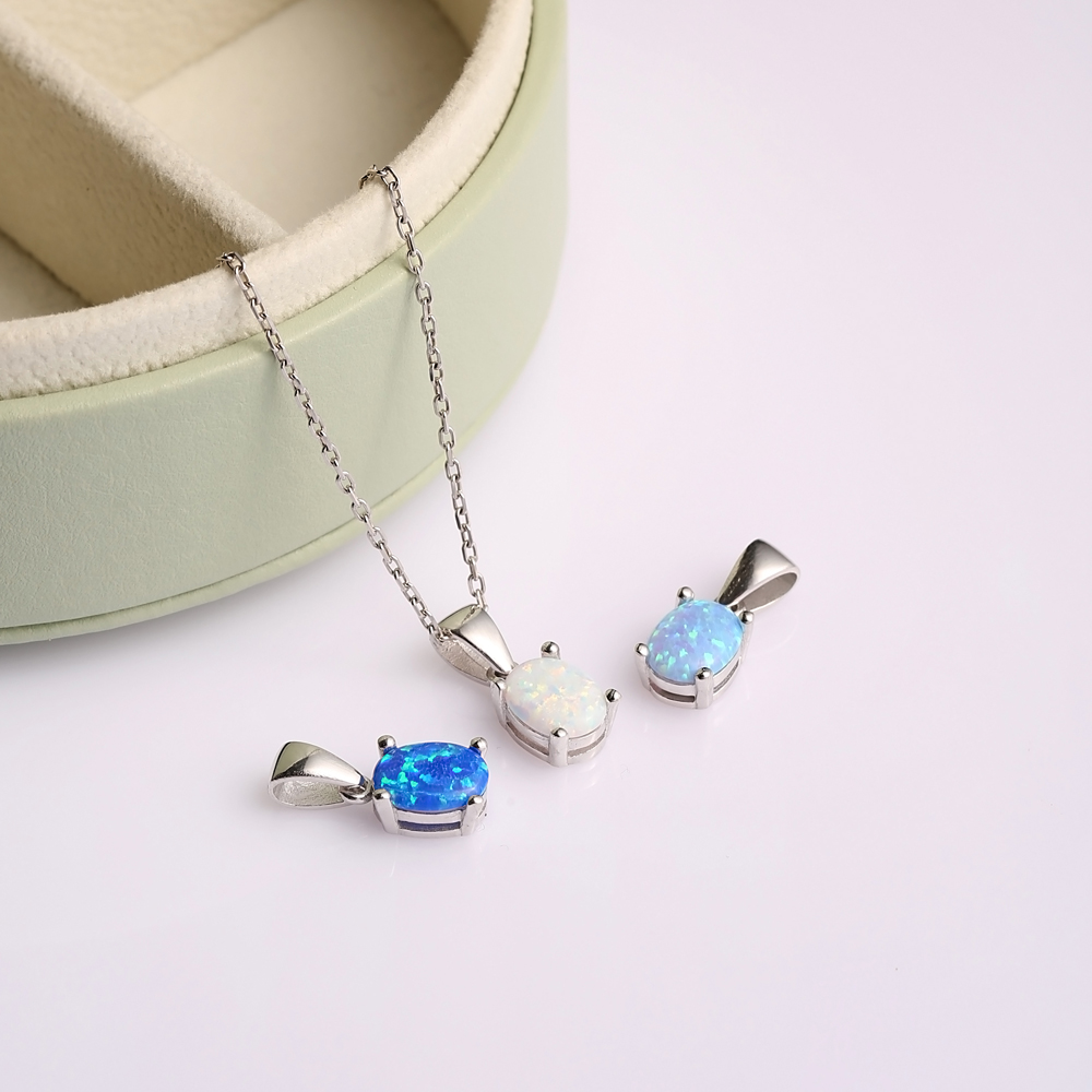 Blue Opal Oval Design Charm Silver Necklace Jewelry