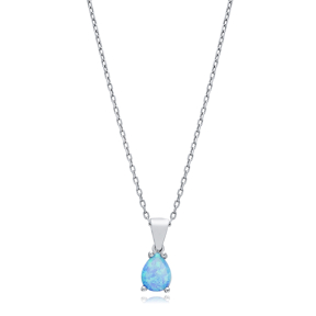 Pear Design Light Blue Opal Sterling Silver Charm Necklace