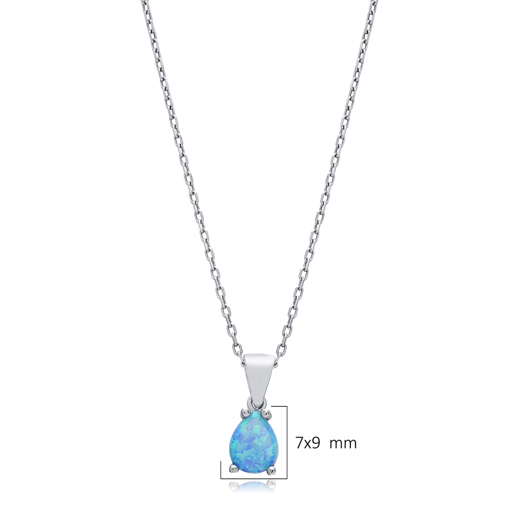 Pear Design Light Blue Opal Sterling Silver Charm Necklace