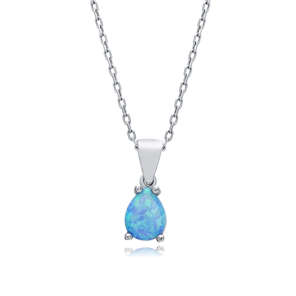 Pear Design Light Blue Opal Sterling Silver Charm Necklace