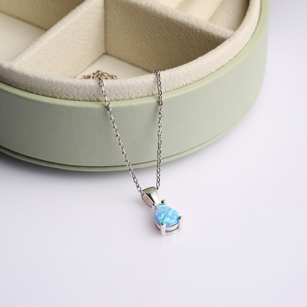 Pear Design Light Blue Opal Sterling Silver Charm Necklace