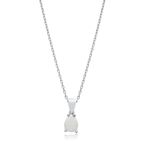 Pear Design White Opal stone Sterling Silver Charm Necklace
