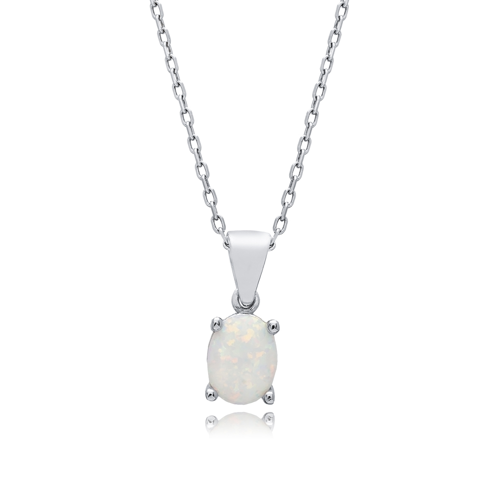 White Opal Oval Design Charm Silver Necklace Jewelry