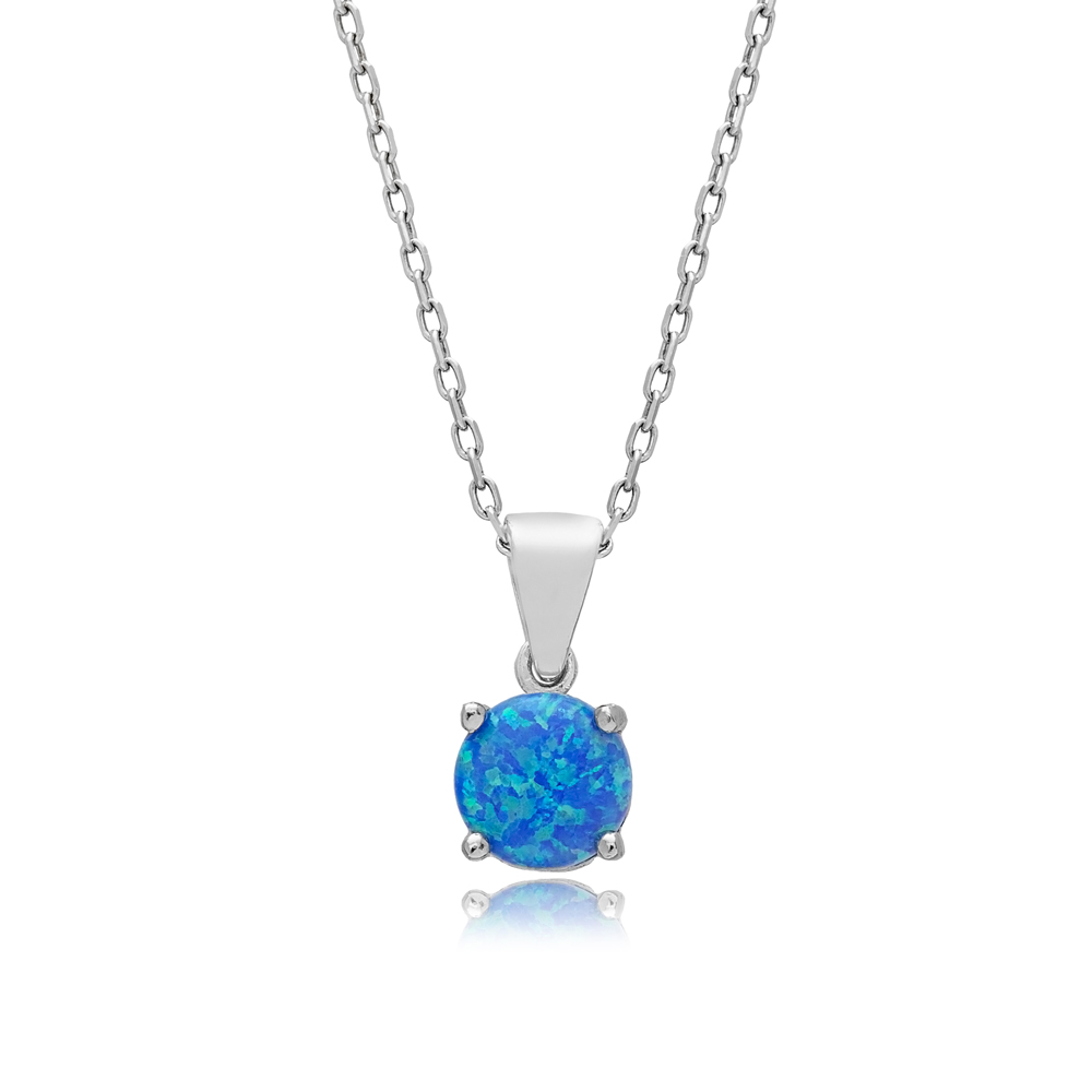 Blue Opal Round Charm Silver Necklace Wholesale Jewelry