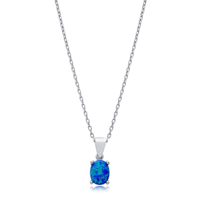 Blue Opal Oval Design Charm Silver Necklace Jewelry