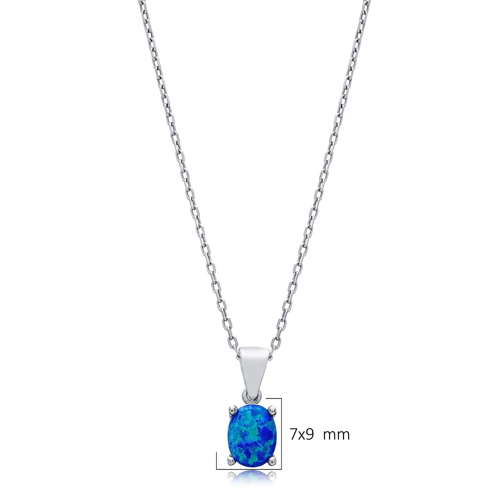 Blue Opal Oval Design Charm Silver Necklace Jewelry