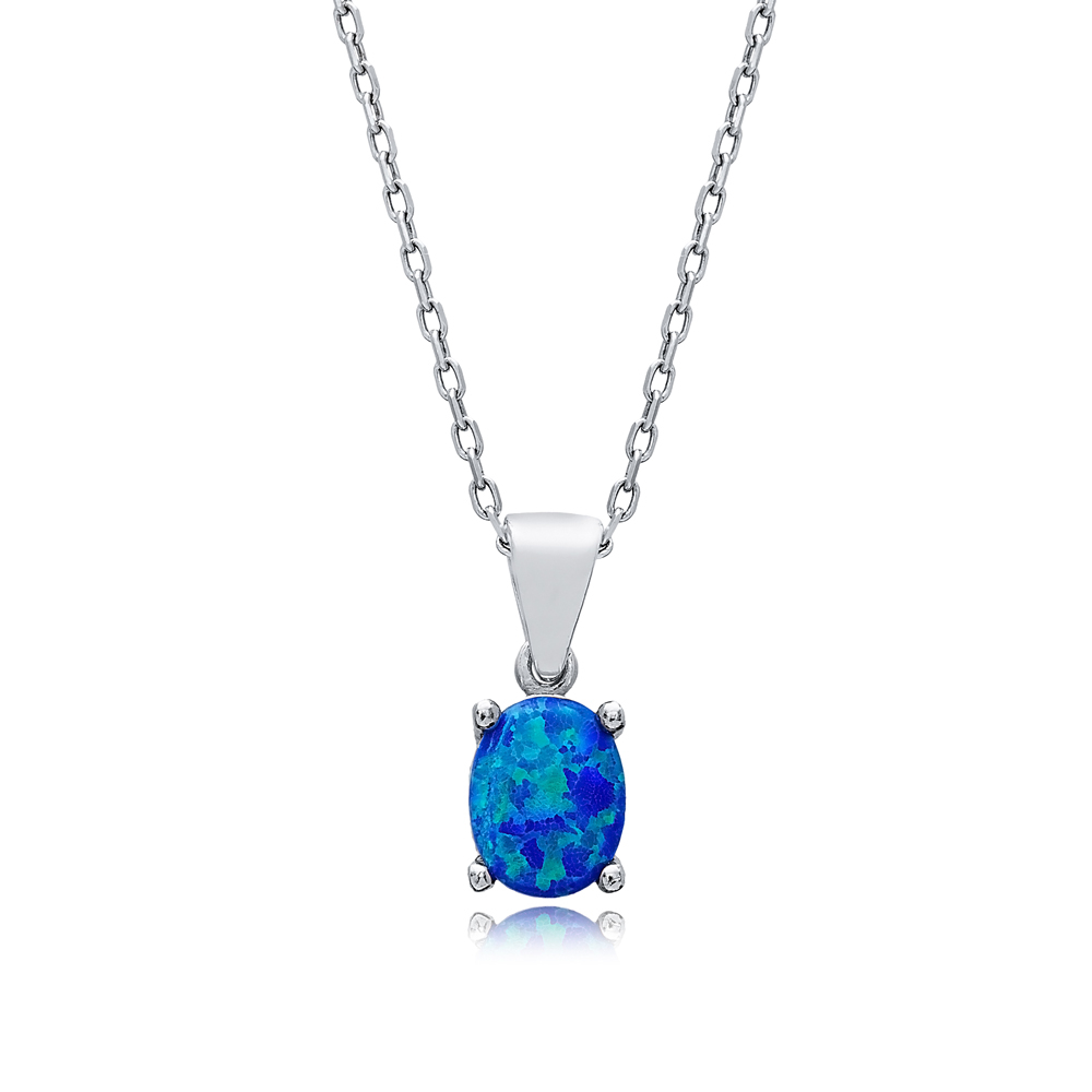 Blue Opal Oval Design Charm Silver Necklace Jewelry