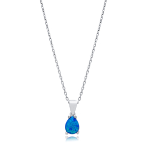 Pear Design Blue Opal Sterling Silver Charm Necklace
