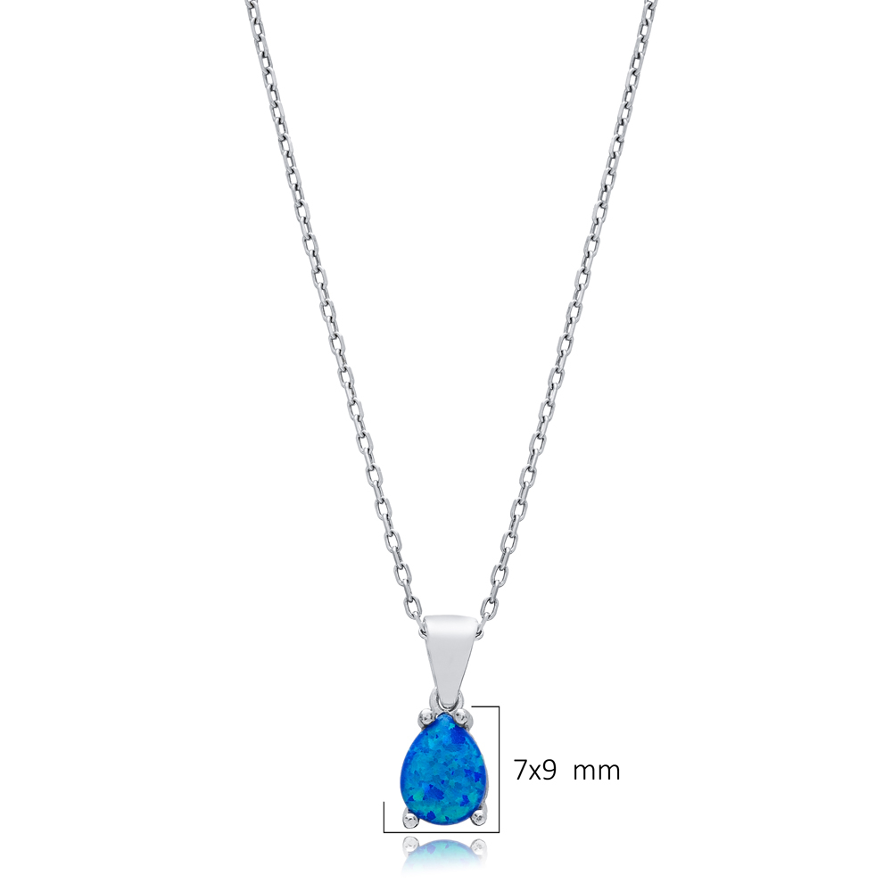 Pear Design Blue Opal Sterling Silver Charm Necklace