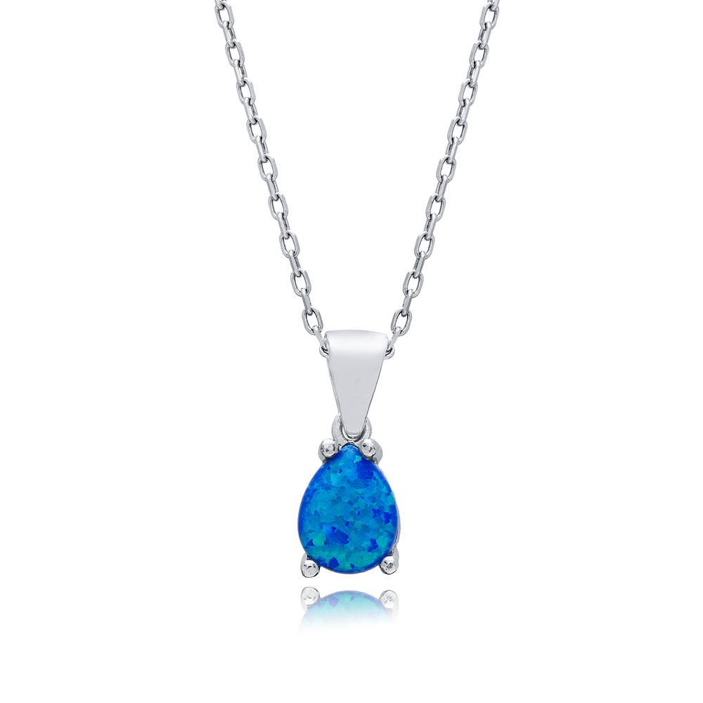 Pear Design Blue Opal Sterling Silver Charm Necklace