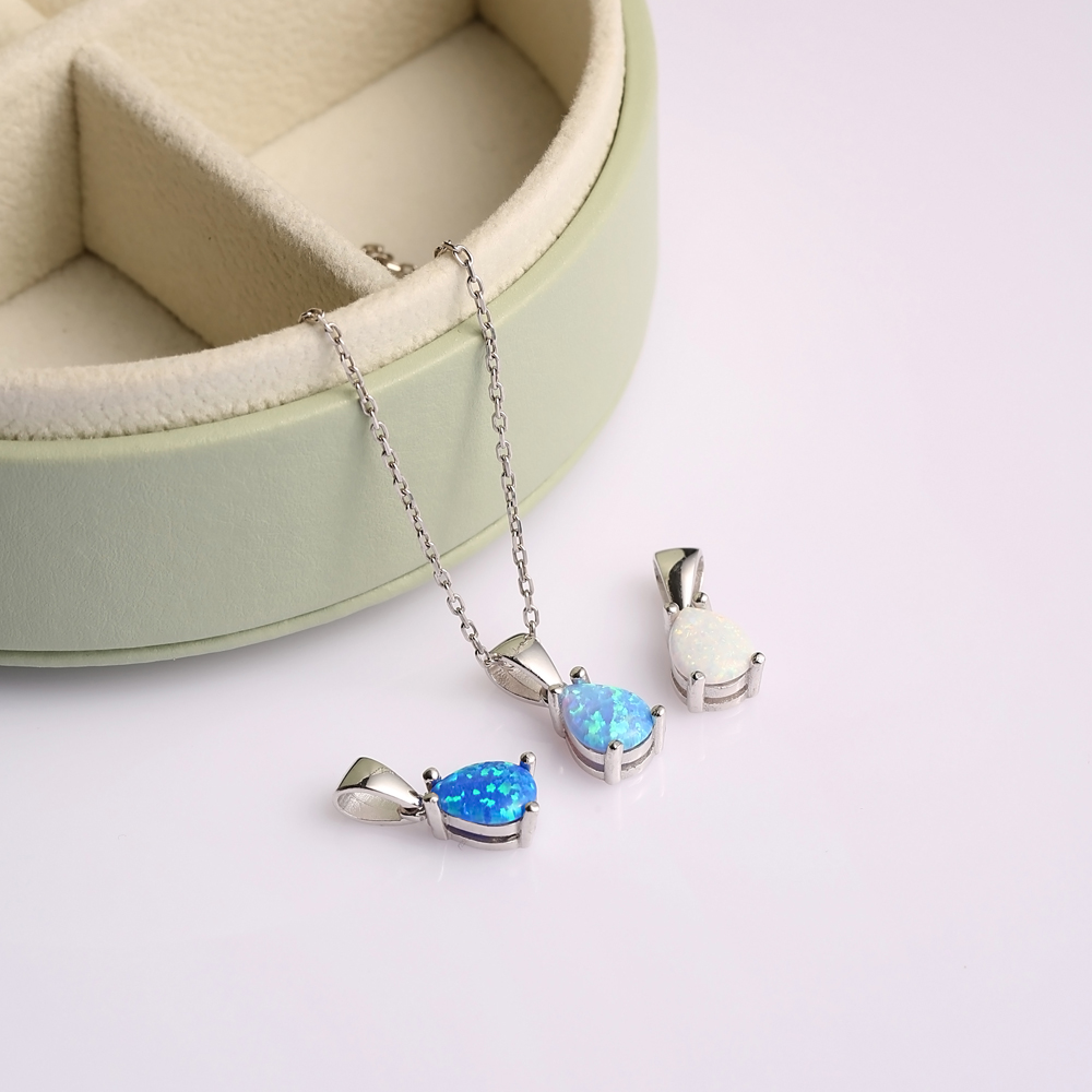 Pear Design Blue Opal Sterling Silver Charm Necklace