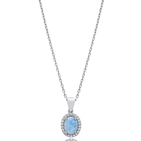 Oval Design CZ Light Blue Opal Sterling Silver Charm Necklace