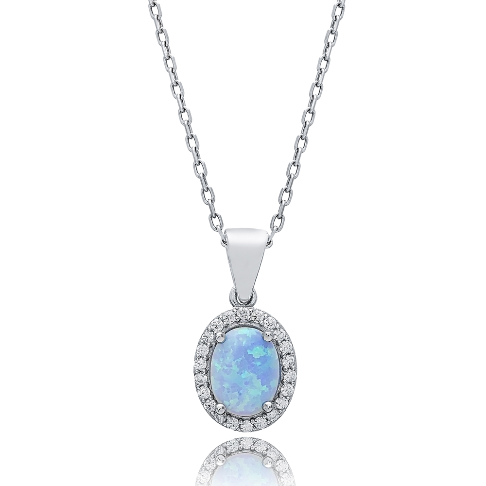 Oval Design CZ Light Blue Opal Sterling Silver Charm Necklace