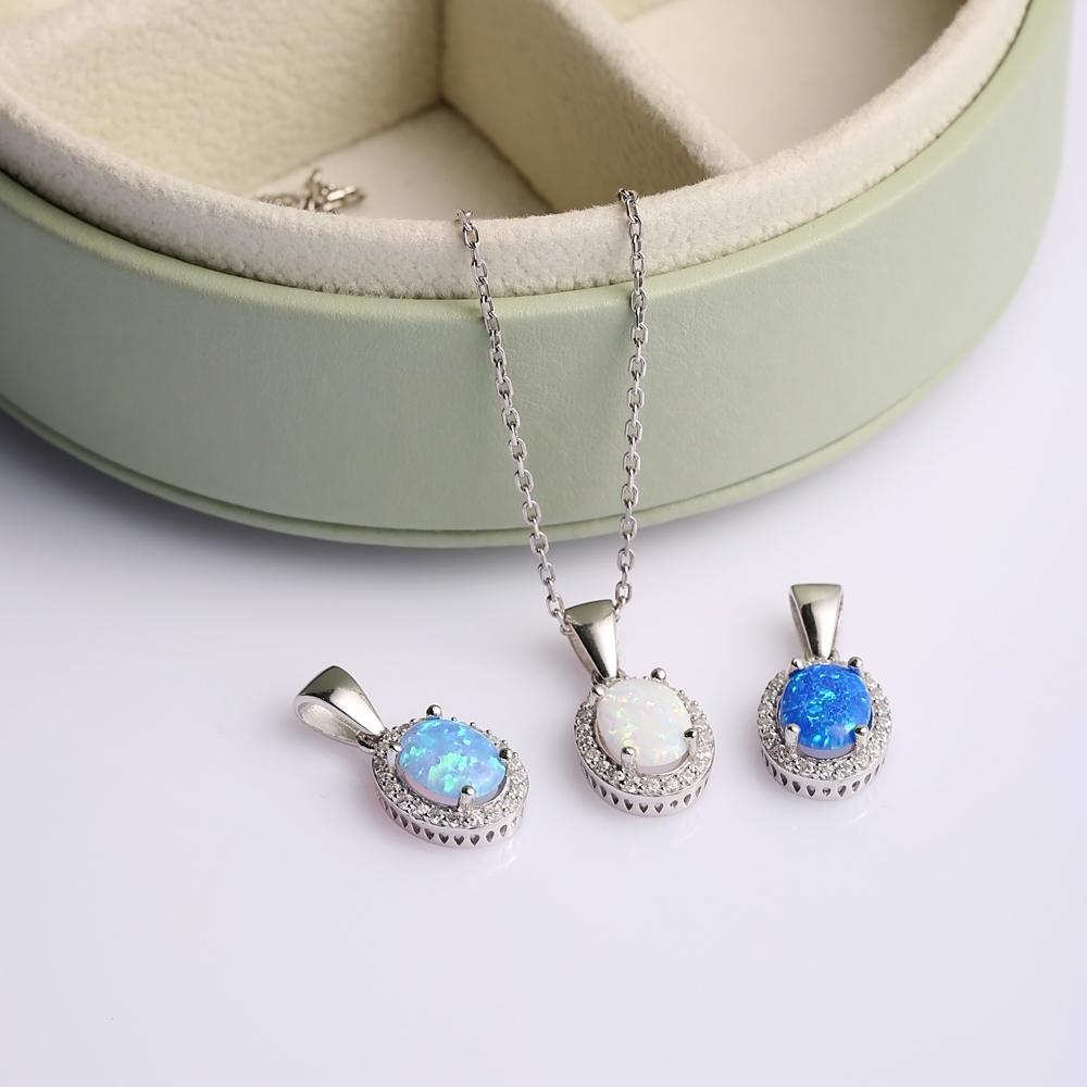 Oval Design CZ Light Blue Opal Sterling Silver Charm Necklace