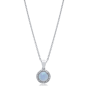 Round Design CZ Light Blue Opal Sterling Silver Charm Necklace