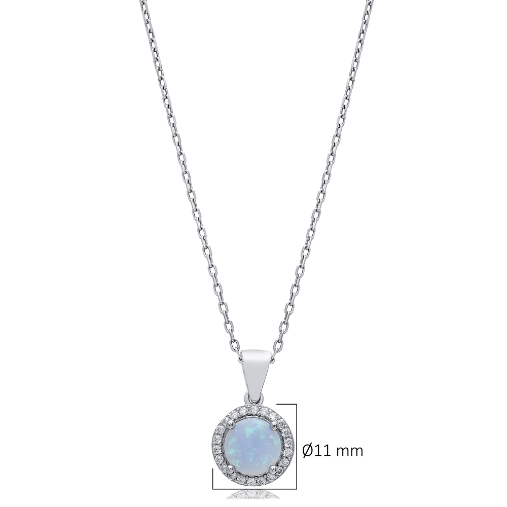 Round Design CZ Light Blue Opal Sterling Silver Charm Necklace