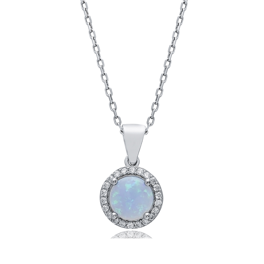 Round Design CZ Light Blue Opal Sterling Silver Charm Necklace