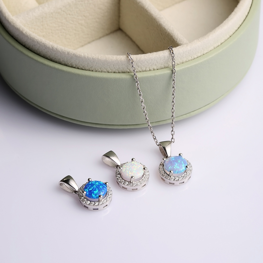 Round Design CZ Blue Opal Sterling Silver Charm Necklace