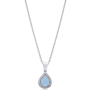 Pear Design CZ Light Blue Opal Sterling Silver Charm Necklace