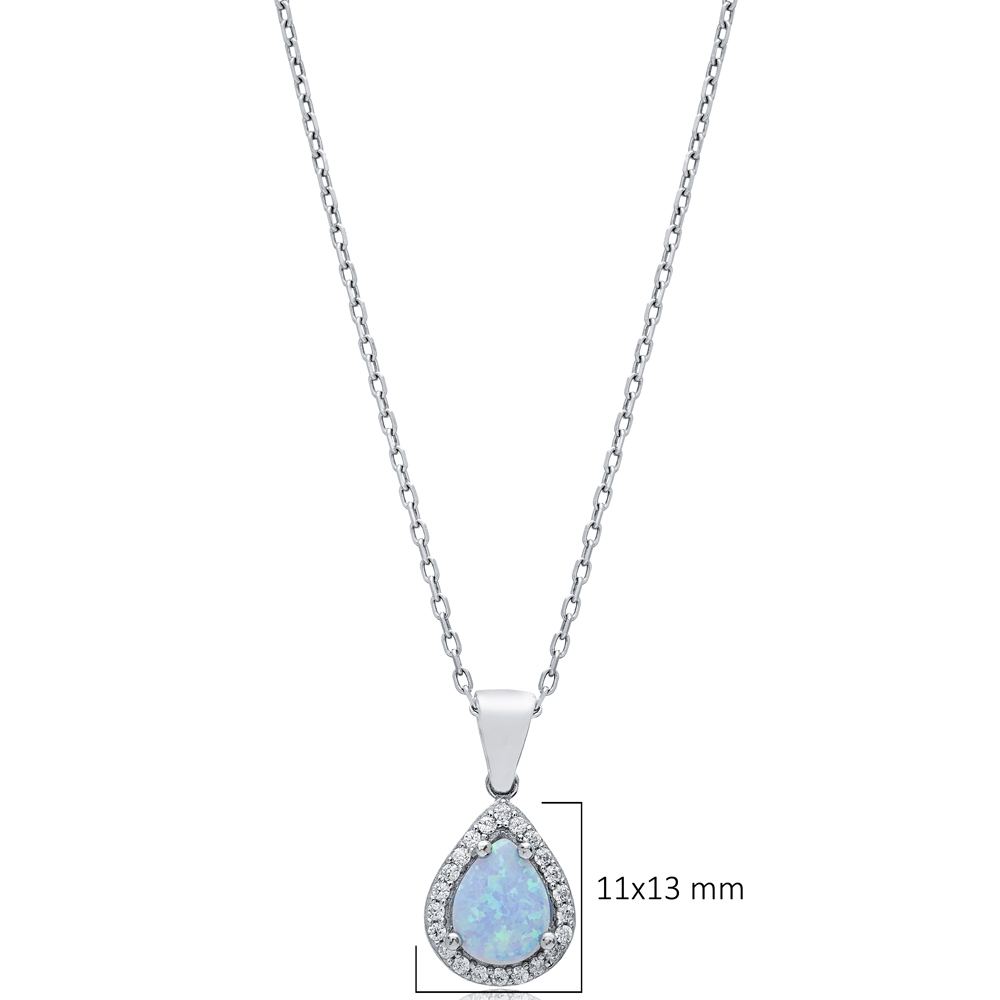 Pear Design CZ Light Blue Opal Sterling Silver Charm Necklace