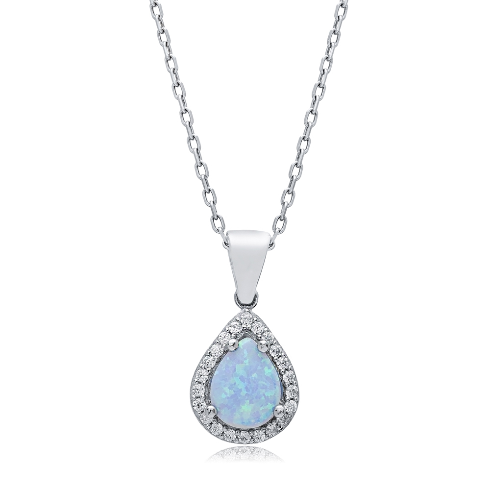 Pear Design CZ Light Blue Opal Sterling Silver Charm Necklace