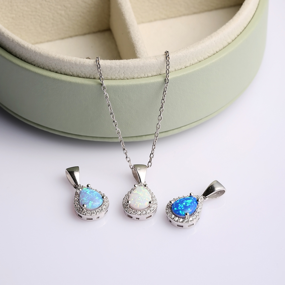 Pear Design CZ Light Blue Opal Sterling Silver Charm Necklace