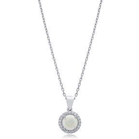Round Design CZ White Opal Sterling Silver Charm Necklace