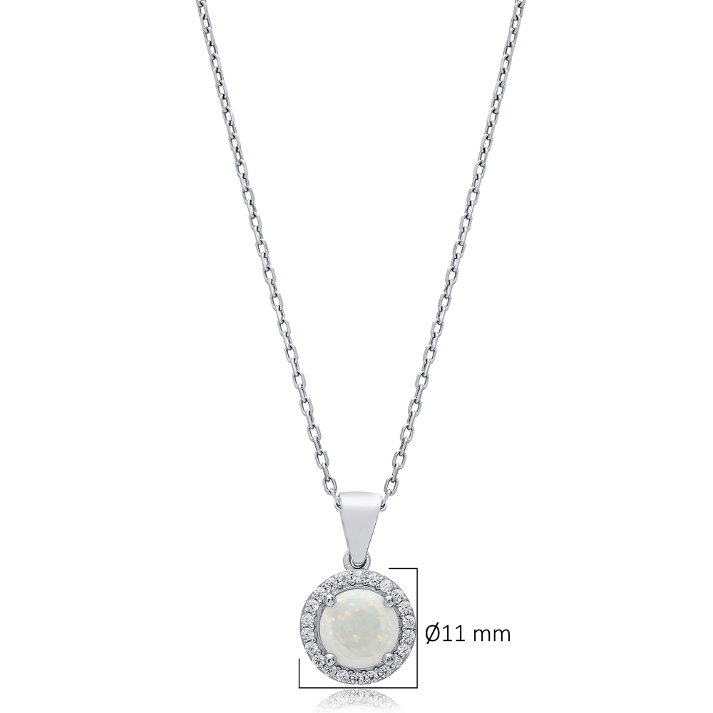 Round Design CZ White Opal Sterling Silver Charm Necklace