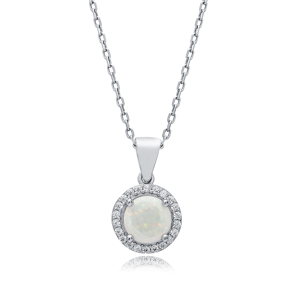 Round Design CZ White Opal Sterling Silver Charm Necklace