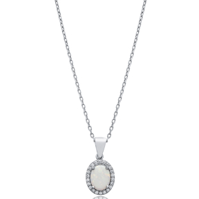 Oval Design CZ White Opal Sterling Silver Charm Necklace