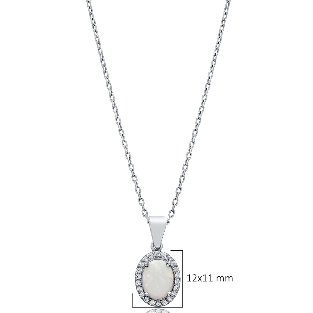 Oval Design CZ White Opal Sterling Silver Charm Necklace