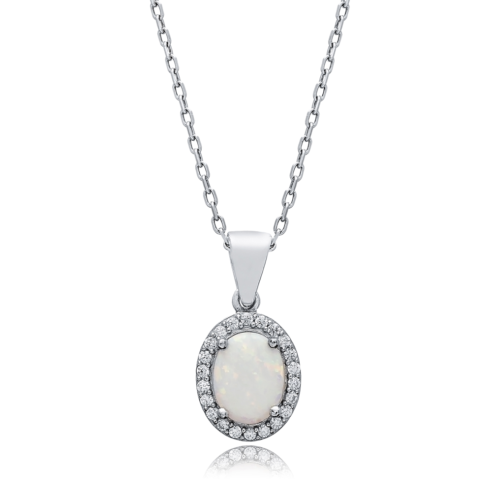 Oval Design CZ White Opal Sterling Silver Charm Necklace