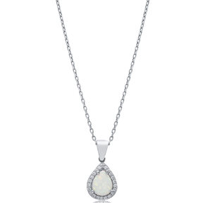 Pear Design CZ Light Blue Opal Sterling Silver Charm Necklace