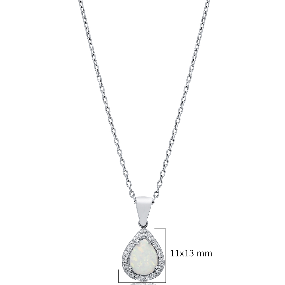 Pear Design CZ Light Blue Opal Sterling Silver Charm Necklace