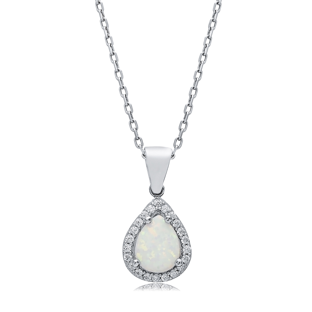 Pear Design CZ Light Blue Opal Sterling Silver Charm Necklace