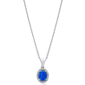 Oval Design CZ Blue Opal Sterling Silver Charm Necklace