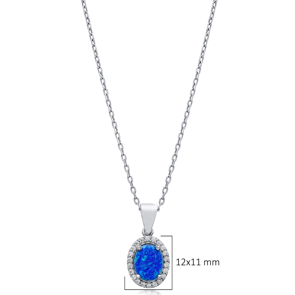 Oval Design CZ Blue Opal Sterling Silver Charm Necklace