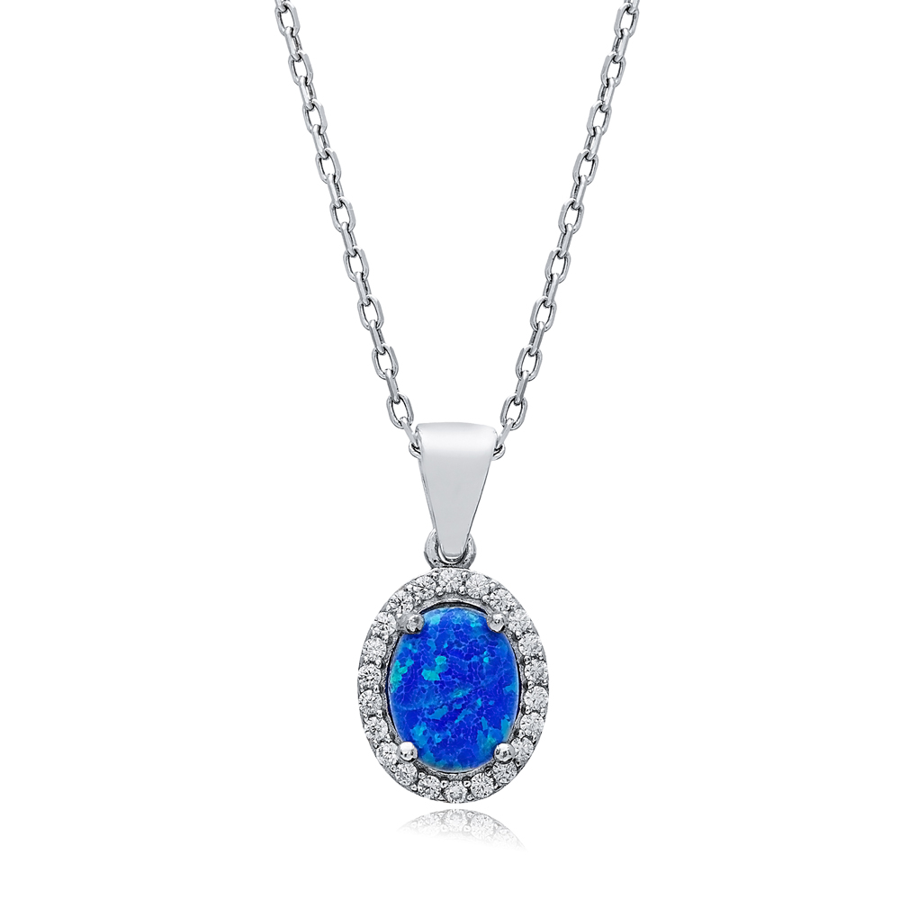 Oval Design CZ Blue Opal Sterling Silver Charm Necklace