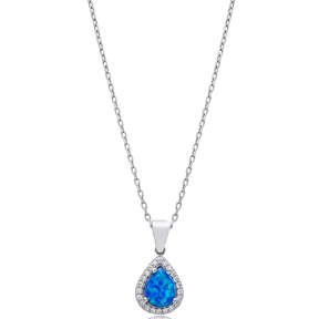 Pear Design CZ Blue Opal Sterling Silver Charm Necklace