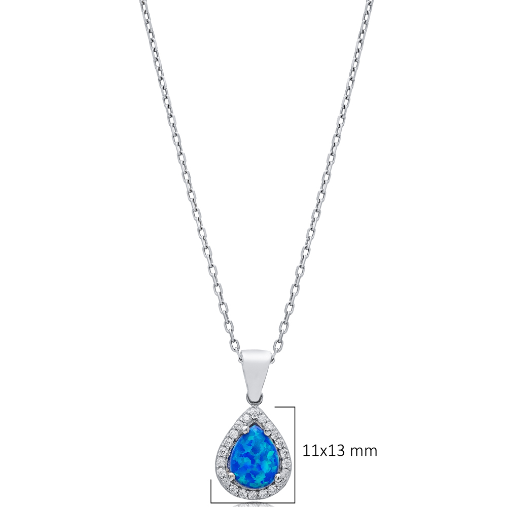 Pear Design CZ Blue Opal Sterling Silver Charm Necklace