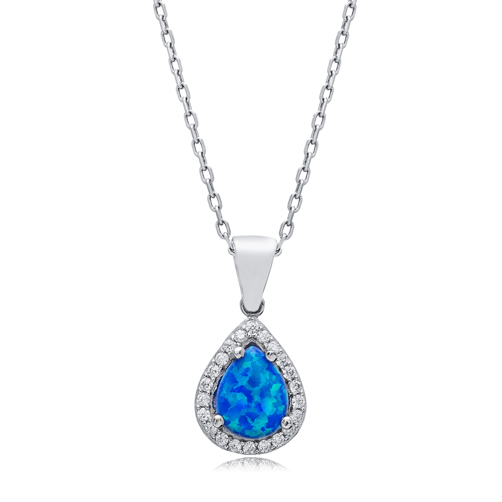 Pear Design CZ Blue Opal Sterling Silver Charm Necklace