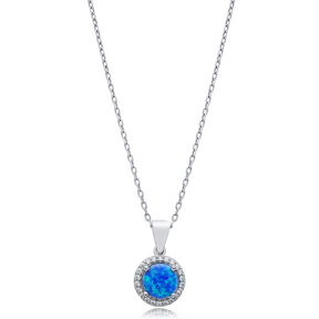 Round Design CZ Blue Opal Sterling Silver Charm Necklace