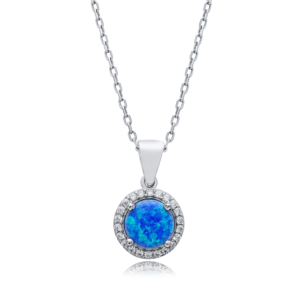 Round Design CZ Blue Opal Sterling Silver Charm Necklace