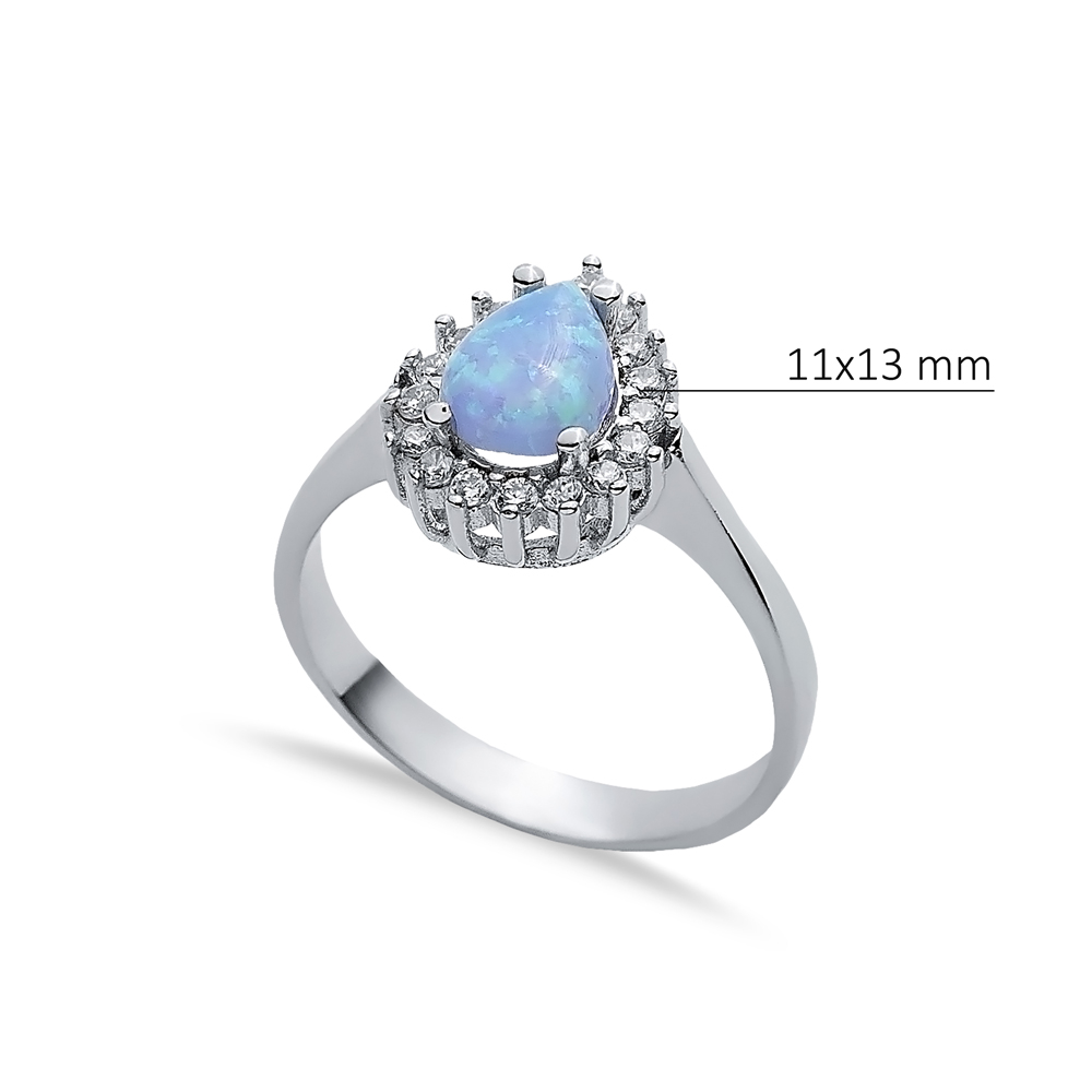 CZ Stone Pear Solitaire Light Blue Opal Silver Cluster Ring