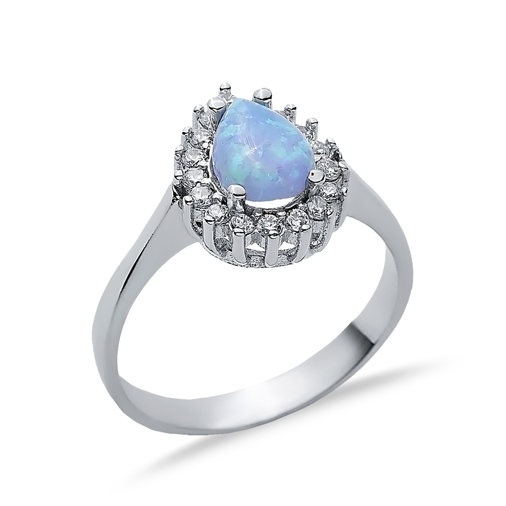 CZ Stone Pear Solitaire Light Blue Opal Silver Cluster Ring