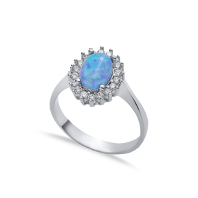 Oval CZ Stone Solitaire Light Blue Opal Silver Cluster Ring