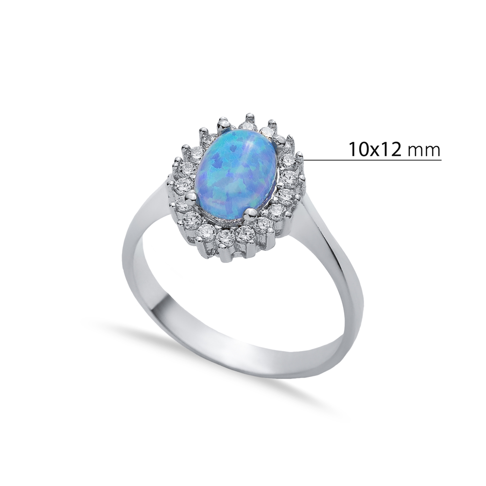 Oval CZ Stone Solitaire Light Blue Opal Silver Cluster Ring