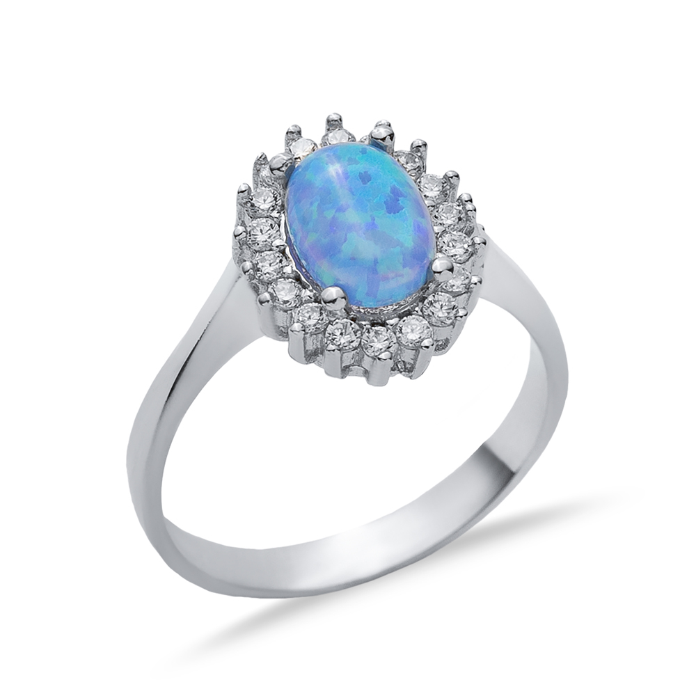 Oval CZ Stone Solitaire Light Blue Opal Silver Cluster Ring