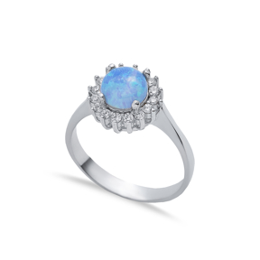 Round CZ Stone Solitaire Light Blue Opal Silver Cluster Ring