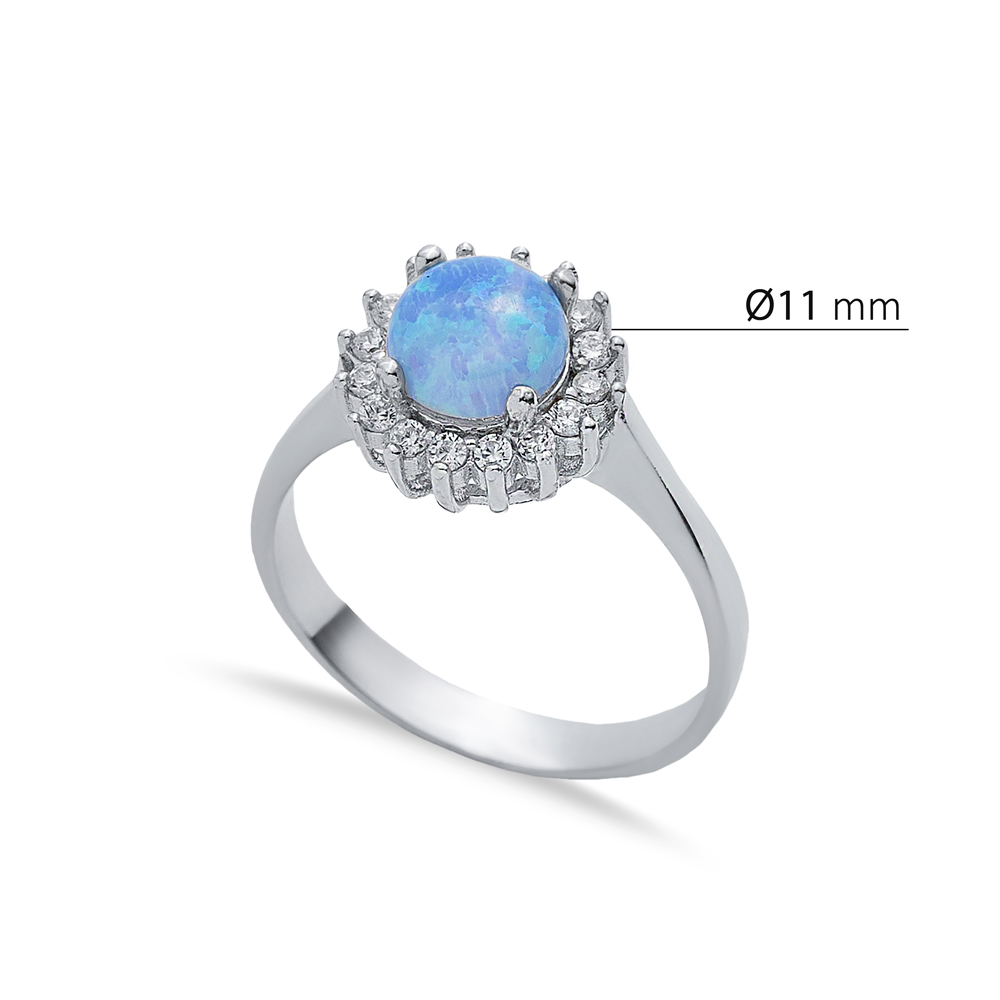 Round CZ Stone Solitaire Light Blue Opal Silver Cluster Ring